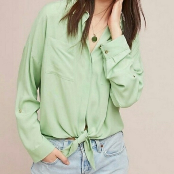Maeve Anthropologie • Sandbridge Green Tie Blouse - Picture 2 of 6